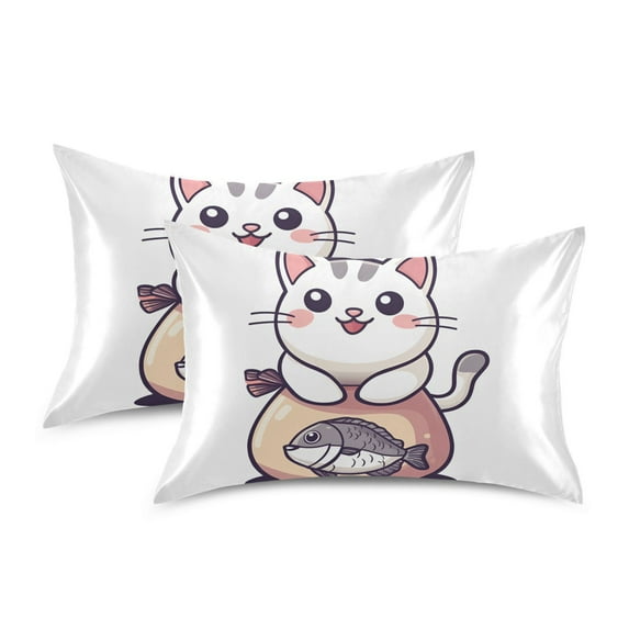 Yayeee Pillowcase Standard Size Set of 2 Satin Wrinkle Resistant Pillow Case, White Cute Cat