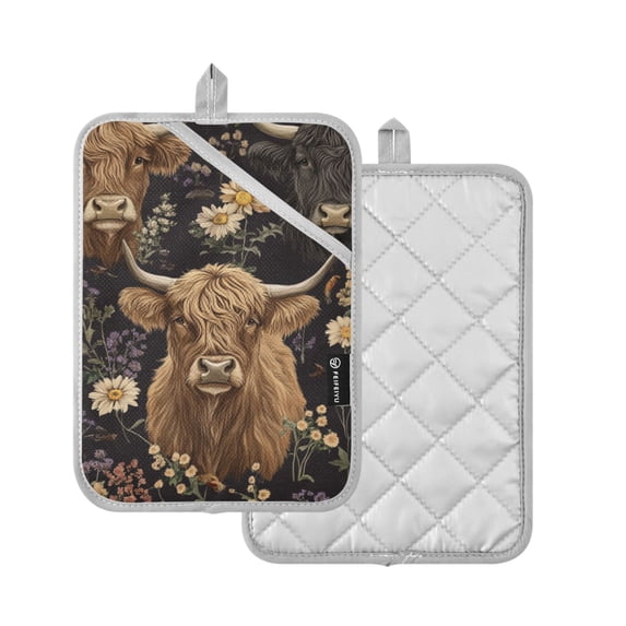 Yayeee Pot Holders Kitchen Heat Resistant with Pockets 7"x9.8" Cotton Oven Cooking Hot Pads, Cows and Flowers
