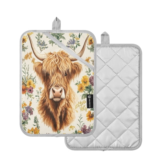 Yayeee Pot Holders Kitchen Heat Resistant with Pockets 7"x9.8" Cotton Oven Cooking Hot Pads, Floral Cow