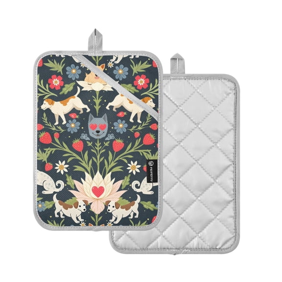 Yayeee Pot Holders Kitchen Heat Resistant with Pockets 7"x9.8" Cotton Oven Cooking Hot Pads, Floral Dogs Pattern