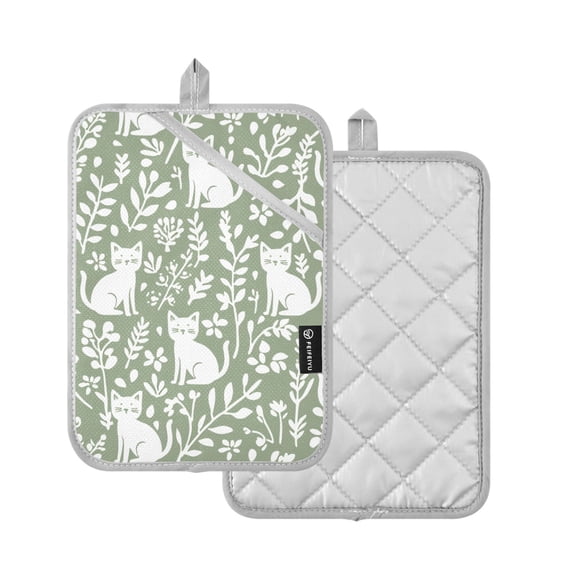 Yayeee Pot Holders Kitchen Heat Resistant with Pockets 7"x9.8" Cotton Oven Cooking Hot Pads, Green Floral Cat Pattern