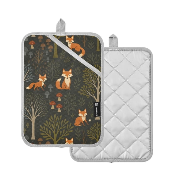 Yayeee Pot Holders Kitchen Heat Resistant with Pockets 7"x9.8" Cotton Oven Cooking Hot Pads, Green Forest Fox Pattern
