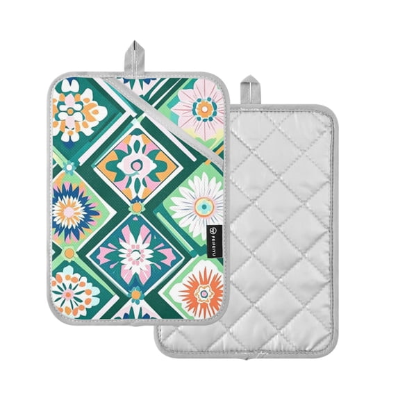 Yayeee Pot Holders Kitchen Heat Resistant with Pockets 7"x9.8" Cotton Oven Cooking Hot Pads, Green Geometric Flowers