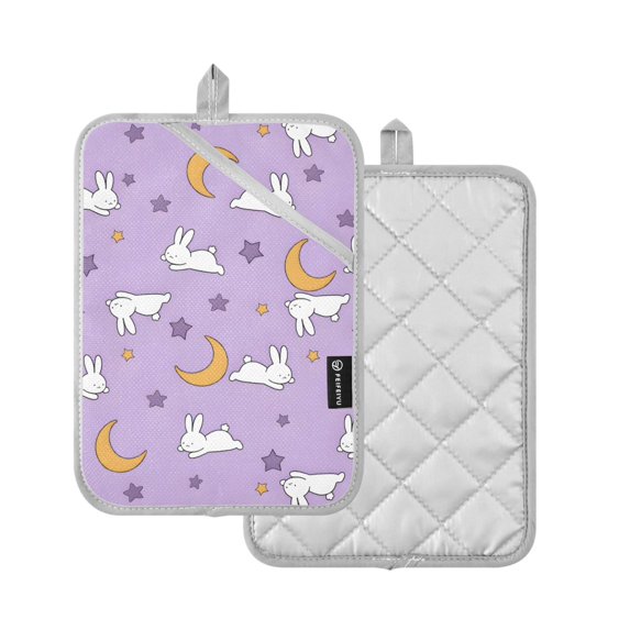 Yayeee Pot Holders Kitchen Heat Resistant with Pockets 7"x9.8" Cotton Oven Cooking Hot Pads, Purple Cartoon Rabbit Pattern