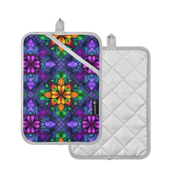 Yayeee Pot Holders Kitchen Heat Resistant with Pockets 7"x9.8" Cotton Oven Cooking Hot Pads, Purple Stained Glass Pattern