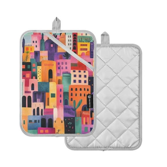 Yayeee Pot Holders Kitchen Heat Resistant with Pocket 7"x9.8" Cotton Oven Cooking Hot Pads, Art Buildings
