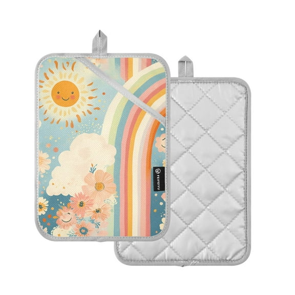 Yayeee Pot Holders Kitchen Heat Resistant with Pocket 7"x9.8" Cotton Oven Cooking Hot Pads, Beige Rainbow Clouds