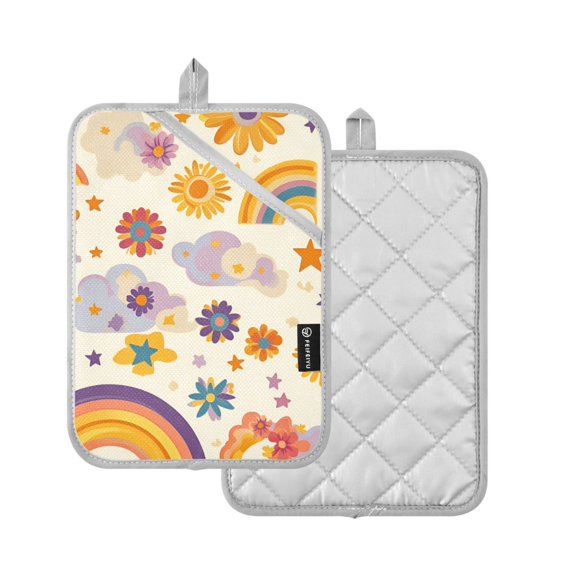 Yayeee Pot Holders Kitchen Heat Resistant with Pocket 7"x9.8" Cotton Oven Cooking Hot Pads, Beige Retro Rainbow