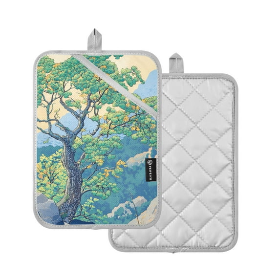 Yayeee Pot Holders Kitchen Heat Resistant with Pocket 7"x9.8" Cotton Oven Cooking Hot Pads, Beige Tree