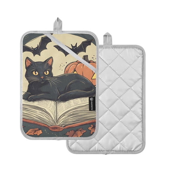 Yayeee Pot Holders Kitchen Heat Resistant with Pocket 7"x9.8" Cotton Oven Cooking Hot Pads, Black Halloween Cat