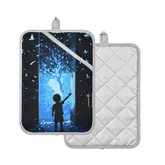 Yayeee Pot Holders Kitchen Heat Resistant with Pocket 7"x9.8" Cotton Oven Cooking Hot Pads, Blue Butterfly