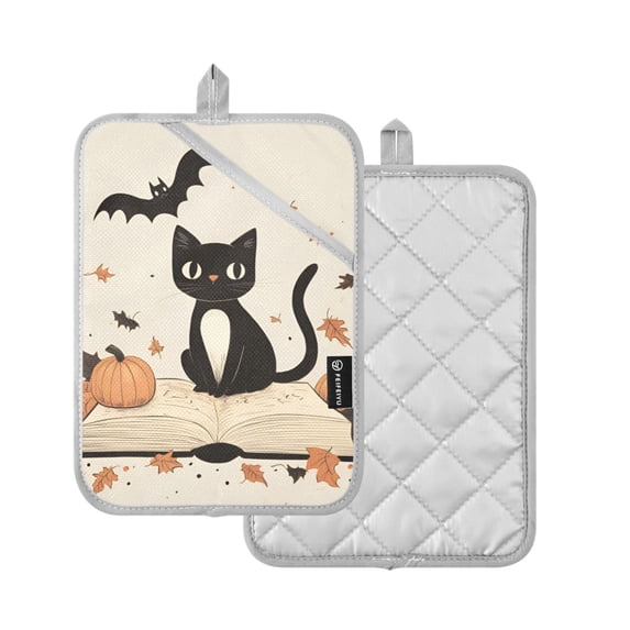 Yayeee Pot Holders Kitchen Heat Resistant with Pocket 7"x9.8" Cotton Oven Cooking Hot Pads, Cartoon Halloween Cat