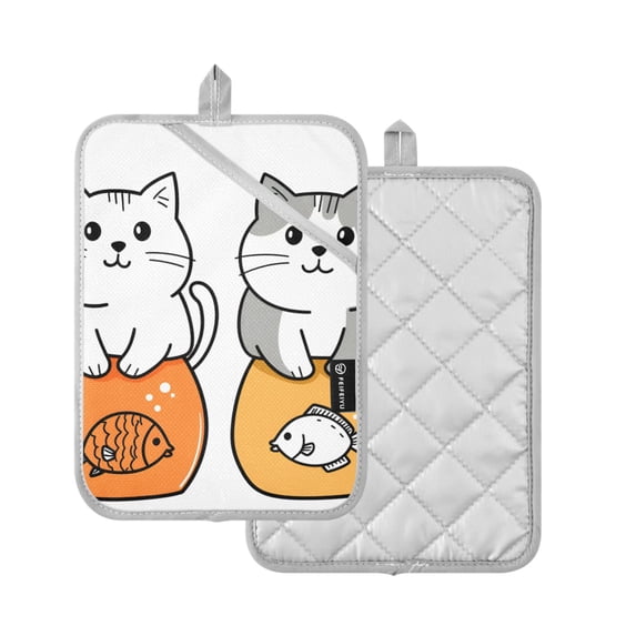 Yayeee Pot Holders Kitchen Heat Resistant with Pocket 7"x9.8" Cotton Oven Cooking Hot Pads, Gray Cute Cat