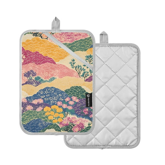 Yayeee Pot Holders Kitchen Heat Resistant with Pocket 7"x9.8" Cotton Oven Cooking Hot Pads, Green Floral Wave