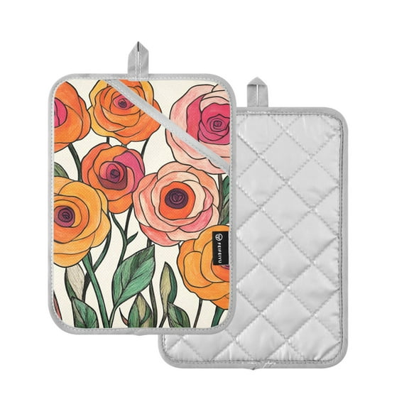 Yayeee Pot Holders Kitchen Heat Resistant with Pocket 7"x9.8" Cotton Oven Cooking Hot Pads, Hand Drawn Floral