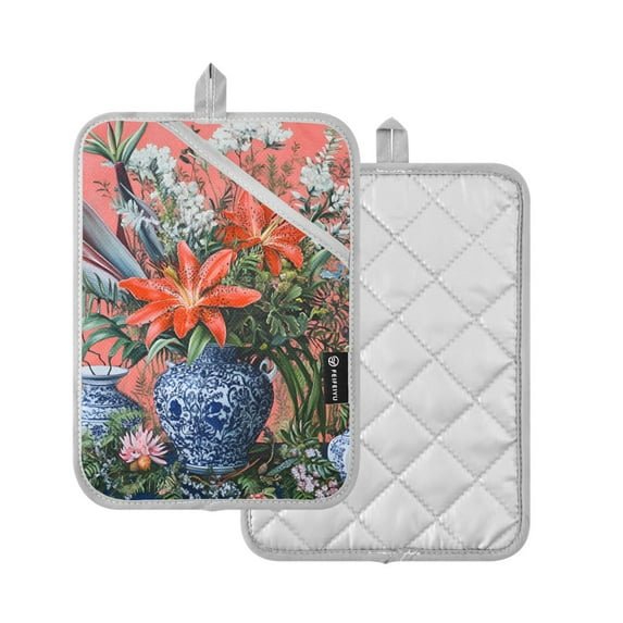 Yayeee Pot Holders Kitchen Heat Resistant with Pocket 7"x9.8" Cotton Oven Cooking Hot Pads, Orange Vibrant Flowers