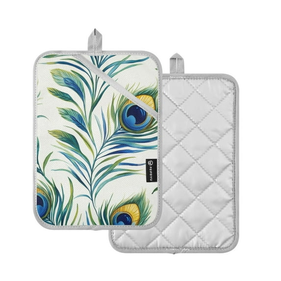 Yayeee Pot Holders Kitchen Heat Resistant with Pocket 7"x9.8" Cotton Oven Cooking Hot Pads, Peacock Feather