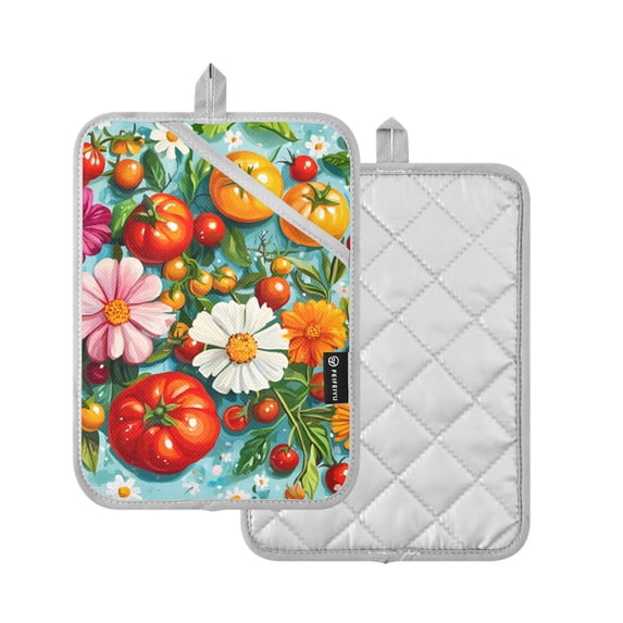 Yayeee Pot Holders Kitchen Heat Resistant with Pocket 7"x9.8" Cotton Oven Cooking Hot Pads, Pink Floral Tomatoes