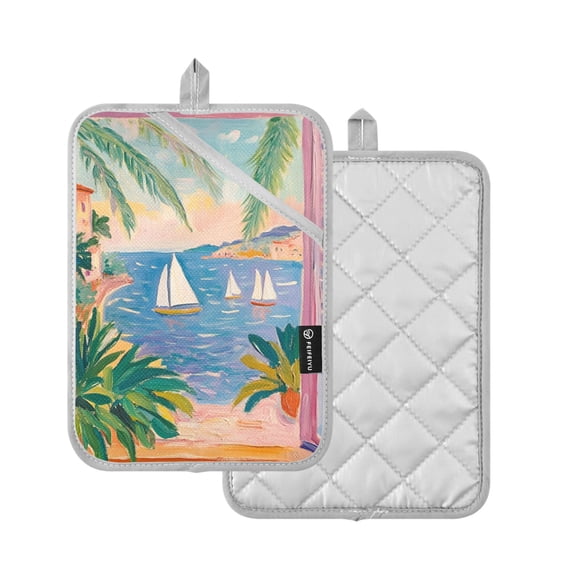 Yayeee Pot Holders Kitchen Heat Resistant with Pocket 7"x9.8" Cotton Oven Cooking Hot Pads, Pink Seaside Boat