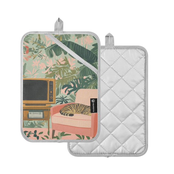 Yayeee Pot Holders Kitchen Heat Resistant with Pocket 7"x9.8" Cotton Oven Cooking Hot Pads, Pink and Green Cat
