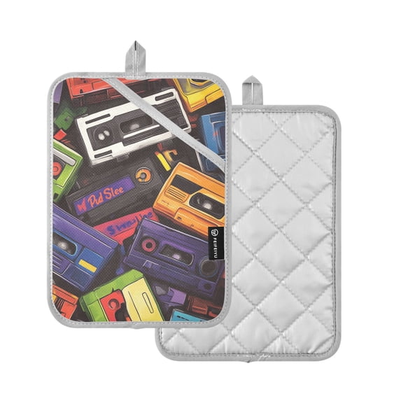 Yayeee Pot Holders Kitchen Heat Resistant with Pocket 7"x9.8" Cotton Oven Cooking Hot Pads, Retro Cassette Pattern