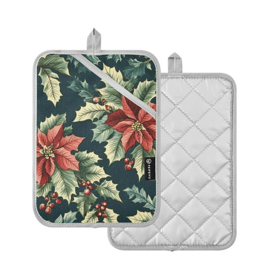 Yayeee Pot Holders Kitchen Heat Resistant with Pocket 7"x9.8" Cotton Oven Cooking Hot Pads, Retro Christmas Poinsettia
