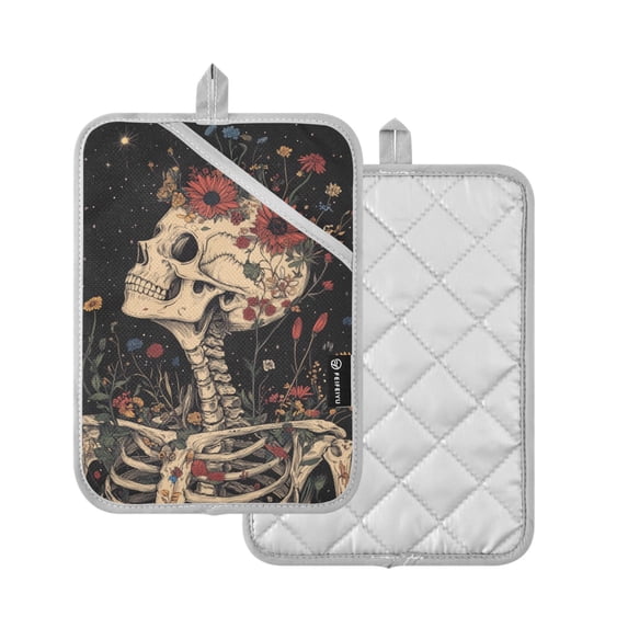 Yayeee Pot Holders Kitchen Heat Resistant with Pocket 7"x9.8" Cotton Oven Cooking Hot Pads, Skeleton with Flowers Pattern