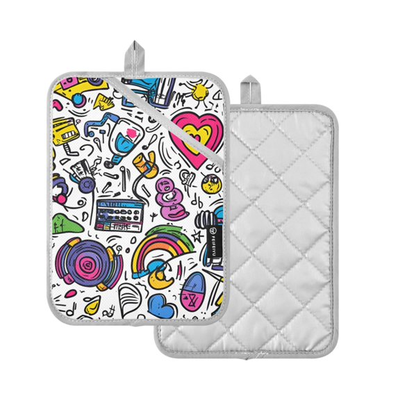 Yayeee Pot Holders Kitchen Heat Resistant with Pocket 7"x9.8" Cotton Oven Cooking Hot Pads, White Doodle Pattern
