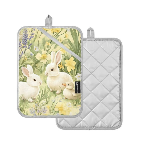 Yayeee Pot Holders Kitchen Heat Resistant with Pocket 7"x9.8" Cotton Oven Cooking Hot Pads, Yellow Floral Rabbit