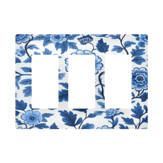 Yayeee Rocker Switch Wall Plate 3-Gang 6.5"x4.6" Home Decorative Outlet Cover, Blue Floral Pattern