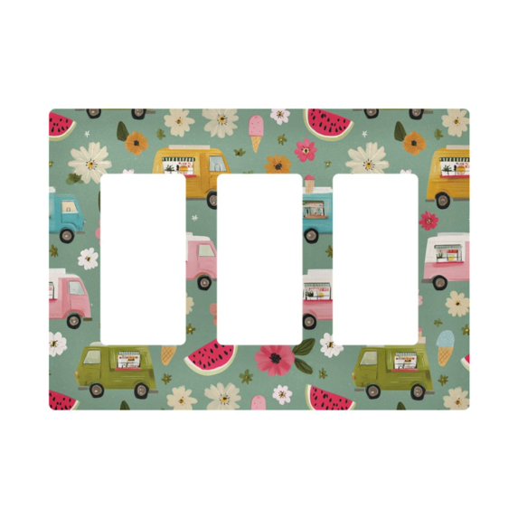 Yayeee Rocker Switch Wall Plate 3-Gang 6.5"x4.6" Home Decorative Outlet Cover, Green Cartoon Trucks Pattern
