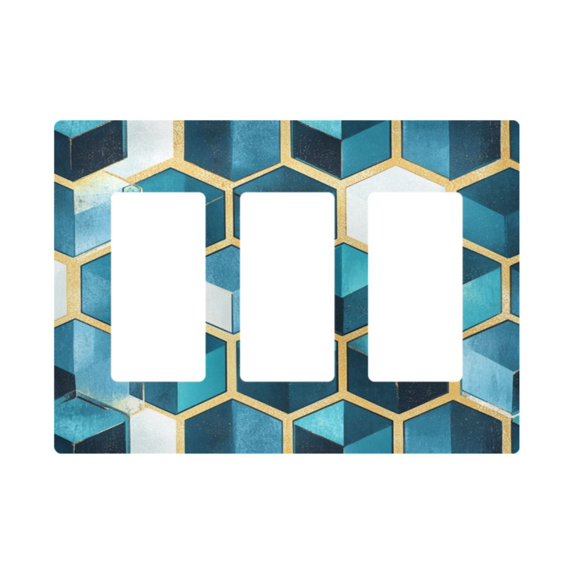 Yayeee Rocker Switch Wall Plate 3-Gang 6.5"x4.6" Home Decorative Outlet Cover, Light Blue Geometric Pattern