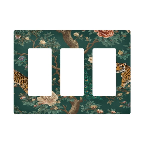 Yayeee Rocker Switch Wall Plate 3-Gang 6.5"x4.6" Home Decorative Outlet Cover, Tiger and Peacock Pattern