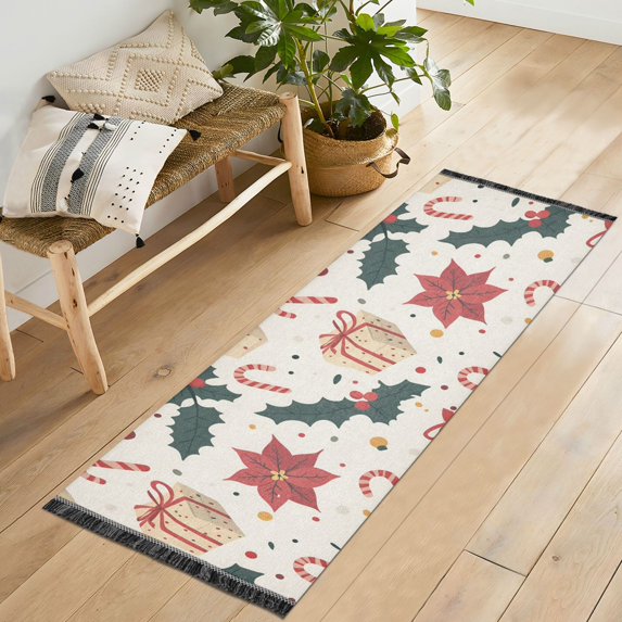 Yayeee Runner Rug for Bedroom 2'x6' Machine Washable Hallway Non Slip Mat, Beige Christmas Candy Canes