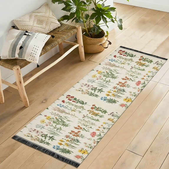 Yayeee Runner Rug for Bedroom 2'x6' Machine Washable Hallway Non Slip Mat, Beige Wildflowers