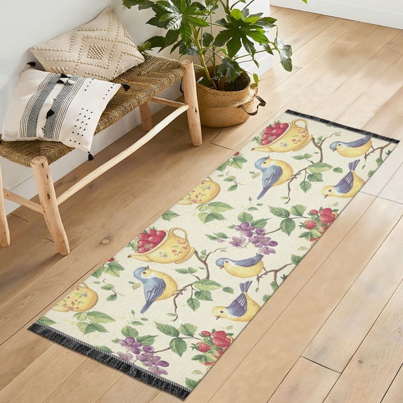 Yayeee Runner Rug for Bedroom 2'x6' Machine Washable Hallway Non Slip Mat, Birds with Strawberries