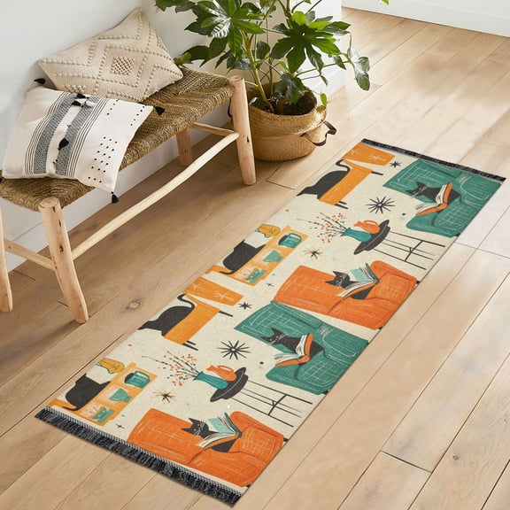 Yayeee Runner Rug for Bedroom 2'x6' Machine Washable Hallway Non Slip Mat, Black Cats Reading
