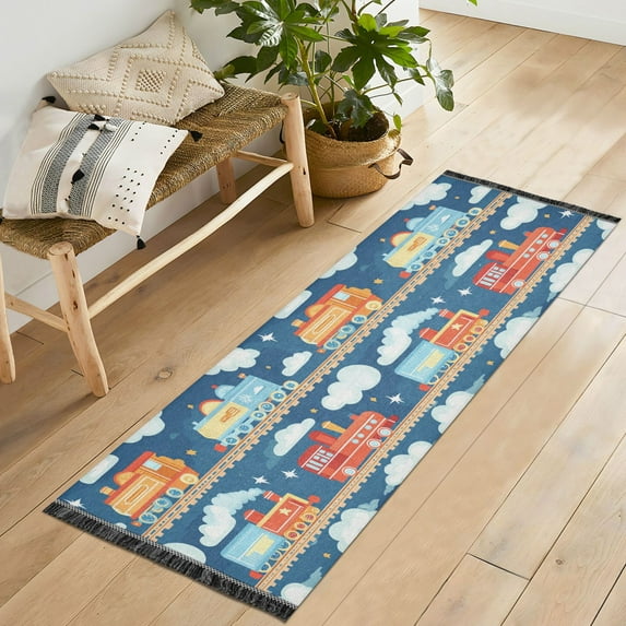 Yayeee Runner Rug for Bedroom 2'x6' Machine Washable Hallway Non Slip Mat, Blue Cute Train Pattern
