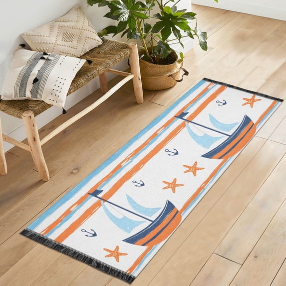 Yayeee Runner Rug for Bedroom 2'x6' Machine Washable Hallway Non Slip Mat, Blue Nautical Pattern