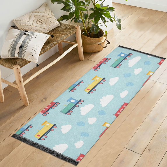 Yayeee Runner Rug for Bedroom 2'x6' Machine Washable Hallway Non Slip Mat, Blue Trains Pattern