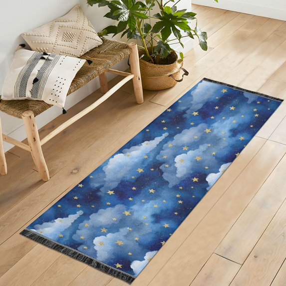 Yayeee Runner Rug for Bedroom 2'x6' Machine Washable Hallway Non Slip Mat, Blue Watercolor Stars Pattern