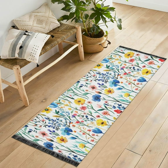 Yayeee Runner Rug for Bedroom 2'x6' Machine Washable Hallway Non Slip Mat, Blue Wildflower Pattern