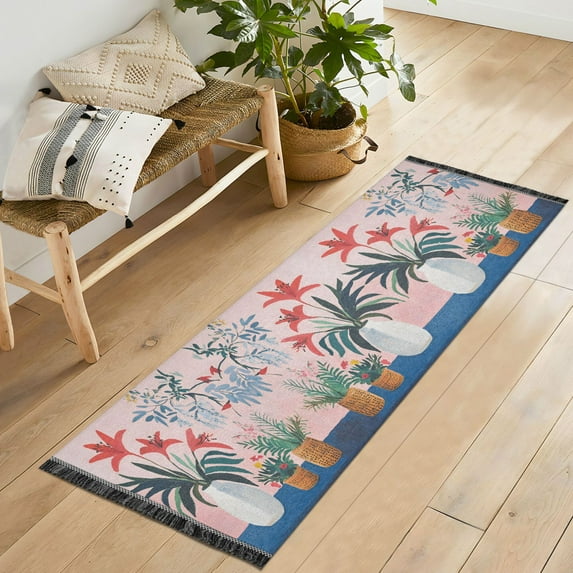 Yayeee Runner Rug for Bedroom 2'x6' Machine Washable Hallway Non Slip Mat, Flowers and Leaves