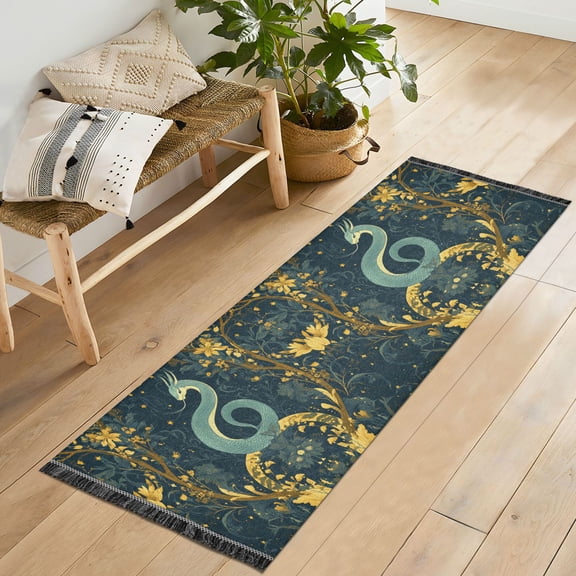 Yayeee Runner Rug for Bedroom 2'x6' Machine Washable Hallway Non Slip Mat, Green Celestial Serpent