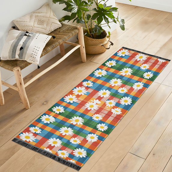 Yayeee Runner Rug for Bedroom 2'x6' Machine Washable Hallway Non Slip Mat, Green Checkered Daisy