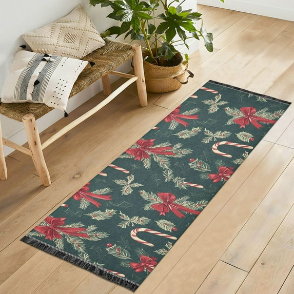 Yayeee Runner Rug for Bedroom 2'x6' Machine Washable Hallway Non Slip Mat, Green Christmas Candy Canes