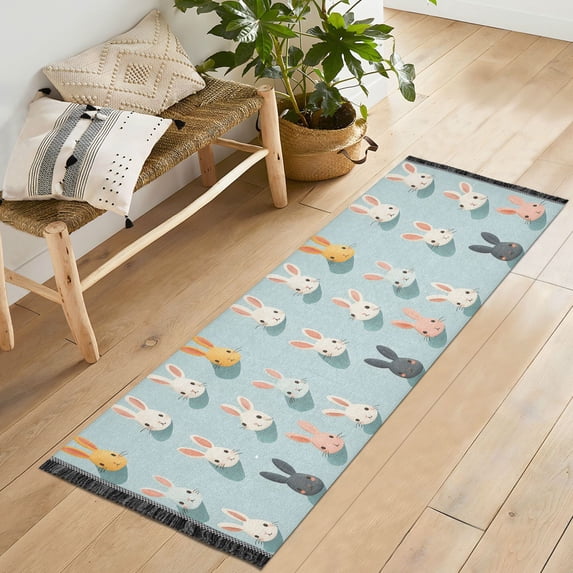 Yayeee Runner Rug for Bedroom 2'x6' Machine Washable Hallway Non Slip Mat, Green Cute Rabbits