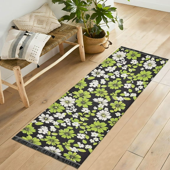 Yayeee Runner Rug for Bedroom 2'x6' Machine Washable Hallway Non Slip Mat, Green Flower Pattern