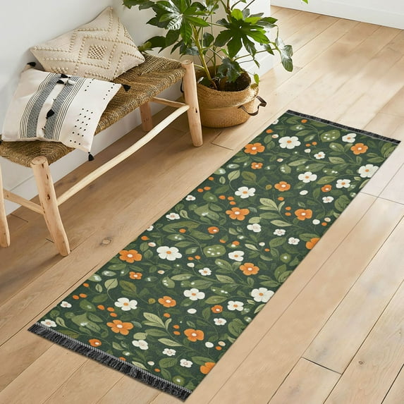 Yayeee Runner Rug for Bedroom 2'x6' Machine Washable Hallway Non Slip Mat, Green Flowers Pattern