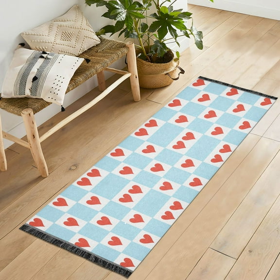 Yayeee Runner Rug for Bedroom 2'x6' Machine Washable Hallway Non Slip Mat, Light Blue Checkered Heart